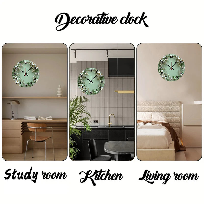 Romantic Green Wreath Wooden Silent Wall Clock – Home & Office Decor