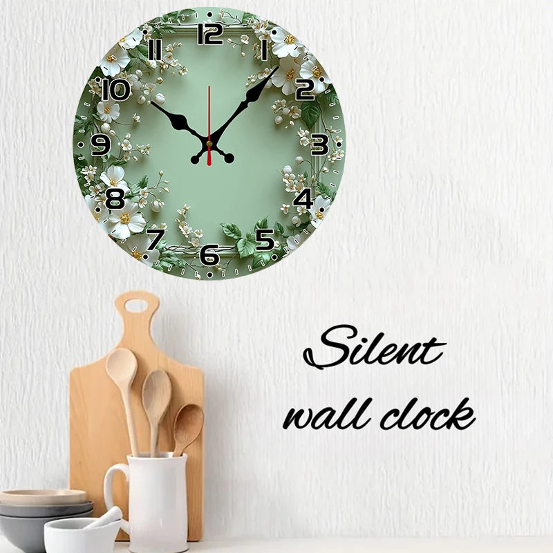 Romantic Green Wreath Wooden Silent Wall Clock – Home & Office Decor