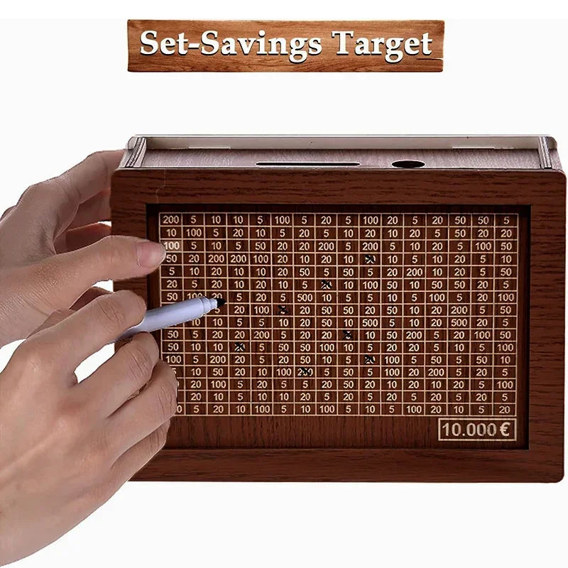 Euro Money Box Wooden Piggy Bank – Savings Vault Challenge Box