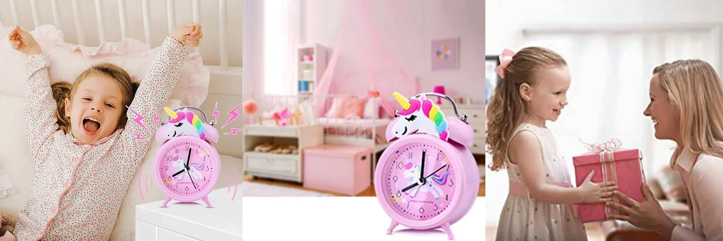 Pink Unicorn Kids Alarm Clock – Cute Double Bell Desk Clock with Backlight