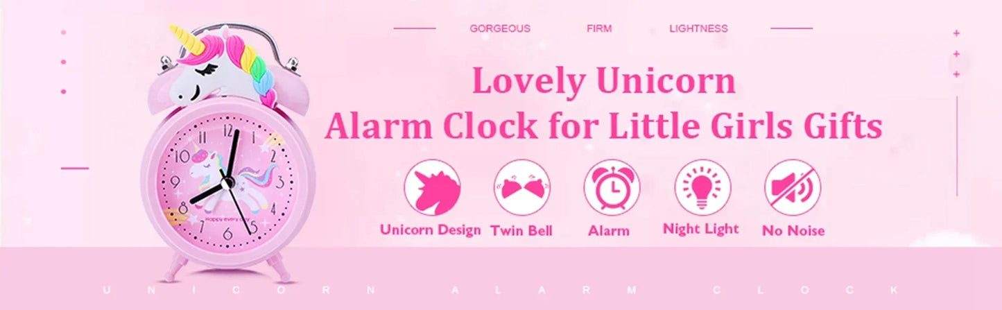 Pink Unicorn Kids Alarm Clock – Cute Double Bell Desk Clock with Backlight