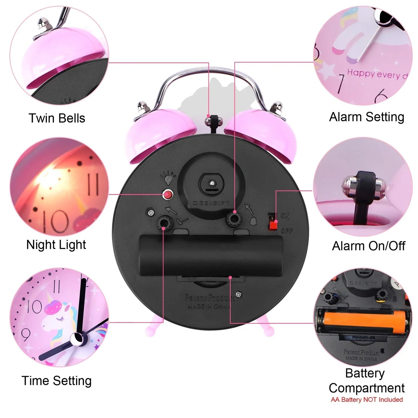 Pink Unicorn Kids Alarm Clock – Cute Double Bell Desk Clock with Backlight