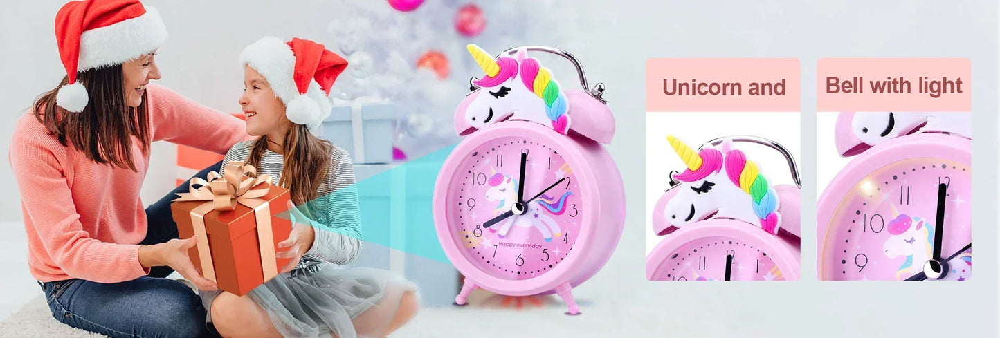 Pink Unicorn Kids Alarm Clock – Cute Double Bell Desk Clock with Backlight