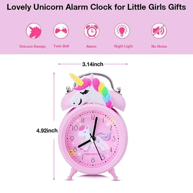 Pink Unicorn Kids Alarm Clock – Cute Double Bell Desk Clock with Backlight
